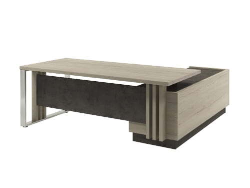 Стол с опорной тумбой и металлической опорой, левый (без розеток) Vestar Z-420л.0000 2000x2030x750 (Дуб Галифакс белый/Бетон Чикаго)