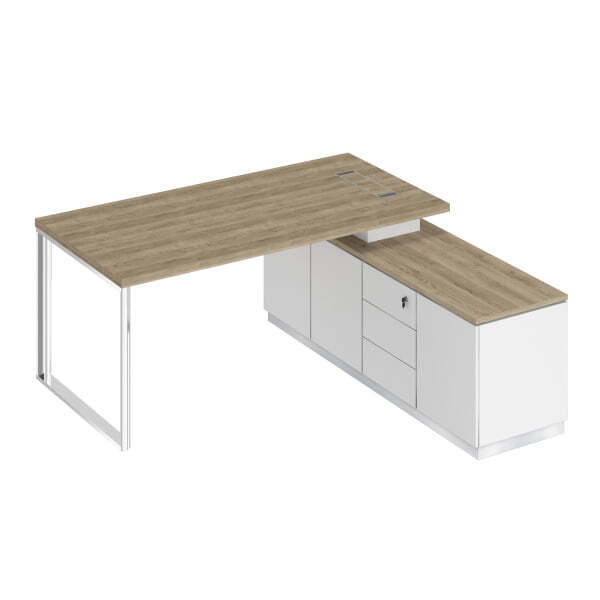 Стол руководителя на опорной тумбе правый Bravo БР 101 1800x1800x750 (Дуб гладстоун светлый / Белый премиум / Белый премиум)