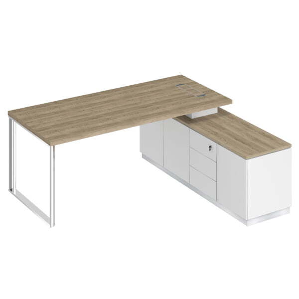 Стол руководителя на опорной тумбе правый Bravo БР 102 2000x1800x750 (Дуб гладстоун светлый / Белый премиум / Белый премиум)