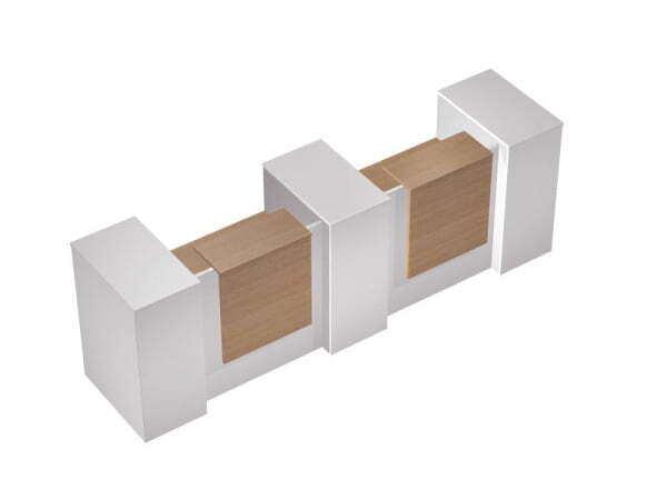 Стойка ресепшн прямая с 2 вырезами, с 3 тумбами с подсветкой (17.4 Вт) PROFIQUADRO КВ 0816 3440x806x (Белый премиум / Вишня скандинавская)