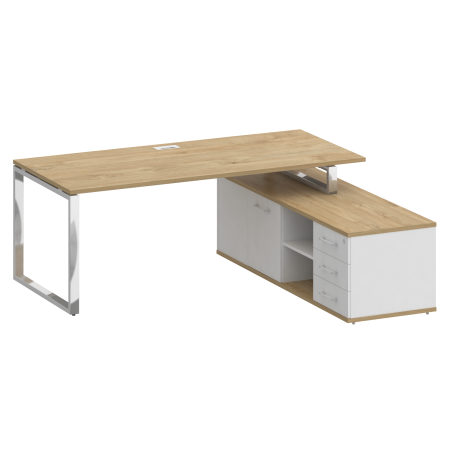 Стол руководителя с опорной греденцией, правый Shift SK.SRG-200 (R) (2000x1800x753) (Тиквуд Светлый-Белый Бриллиант | Хром)