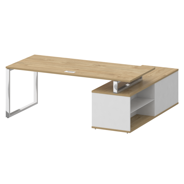 Стол руководителя с опорной греденцией, левый Shift SK.SRG-200 (L) (2000x1800x753) (Тиквуд Светлый-Белый Бриллиант | Хром)