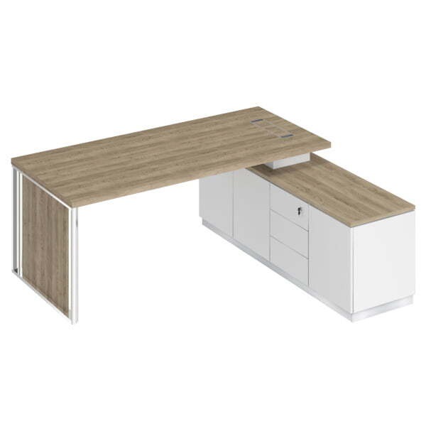 Стол руководителя на опорной тумбе с декоративной вставкой Bravo БР 108 2000x1800x750 (Дуб гладстоун светлый / Белый премиум / Белый премиумСерый)