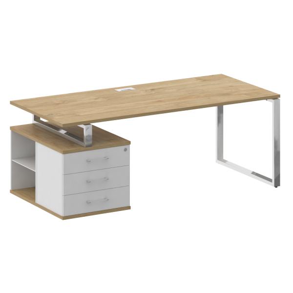 Стол руководителя с опорной тумбой, левый Shift SK.SRT-200 (L) (2000x904x753) (Тиквуд Светлый-Белый Бриллиант | Хром)