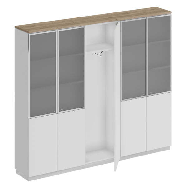 Шкаф комбинированный со стеклом узкий одежда - документы City СИ 317 2404x400x2034 (Дуб гладстоун светлый / Белый премиум / Белый премиум)