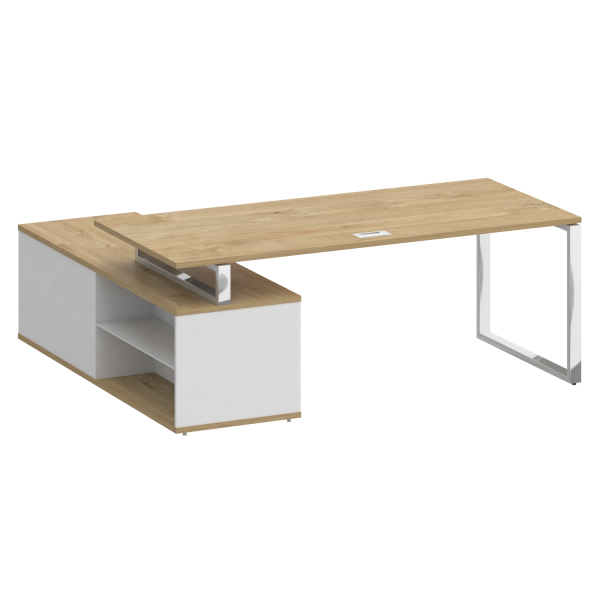 Стол руководителя с опорной греденцией, правый Shift SK.SRG-200 (R) (2000x1800x753) (Тиквуд Светлый-Белый Бриллиант | Хром)