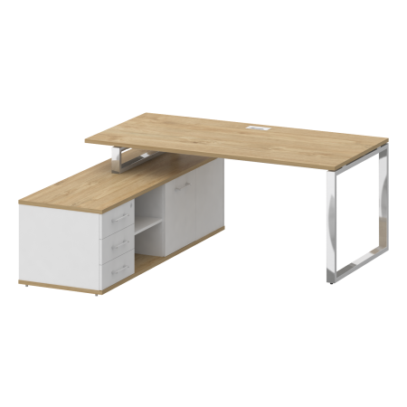 Стол руководителя с опорной греденцией, левый Shift SK.SRG-180 (L) (1800x1800x753) (Тиквуд Светлый-Белый Бриллиант | Хром)